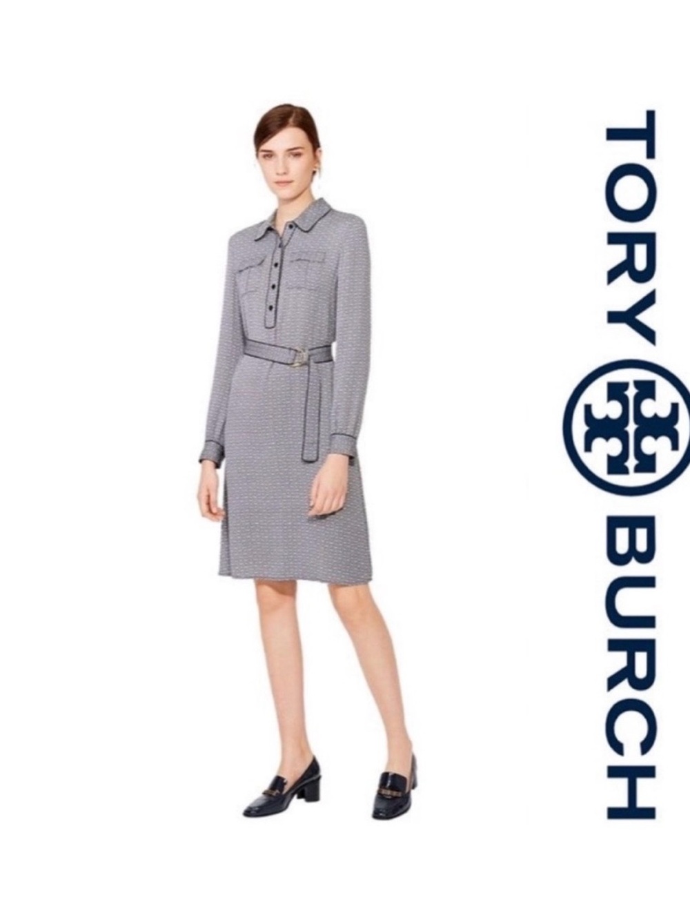 Tory Burch Christelle belted silk printed shirtdress with Gemini-link motif prin